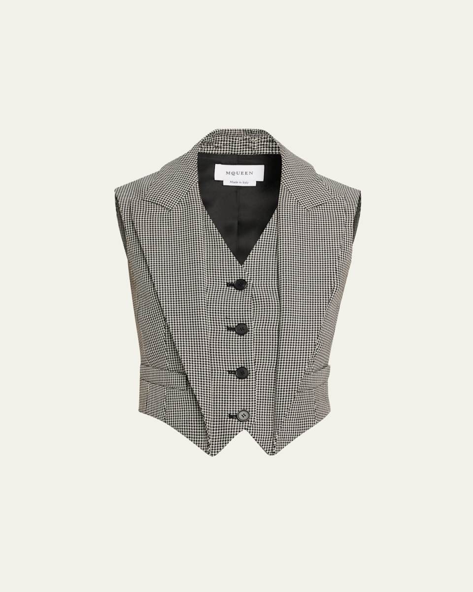 Upturned Lapel Single-Breasted Houndstooth Vest